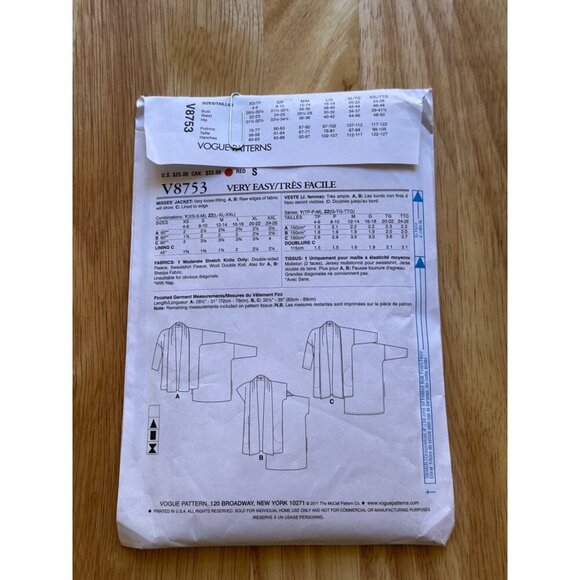 Vogue # V8753  Jacket Sewing Pattern Sizes lRG - XXL SKU 0259 UNCUT - Picture 3 of 4
